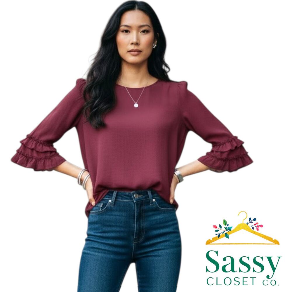 MAX STUDIO Raisin Burgundy Ruffle Sleeve Top Fits L Crew Neck Blouse EUC
